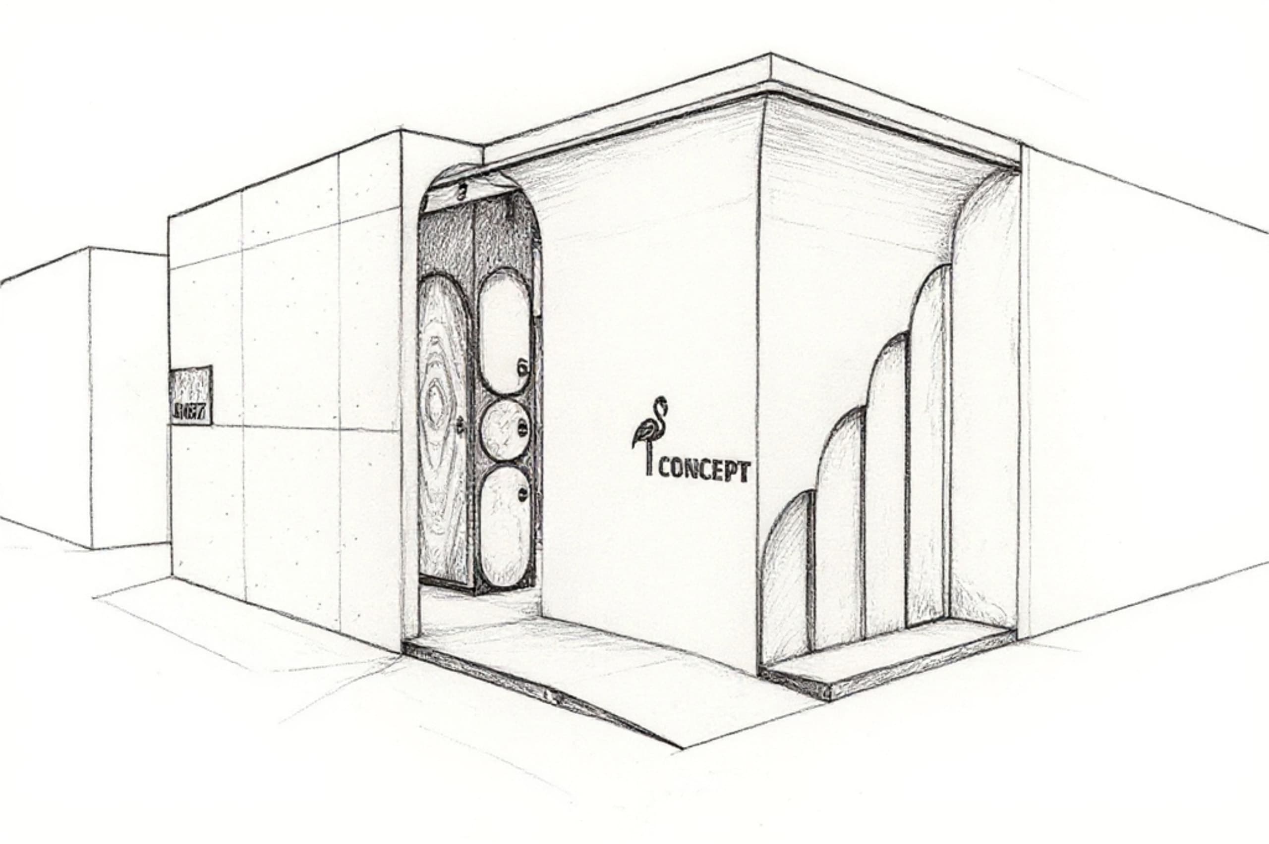 Hand-drawn perspective sketch of the stand design