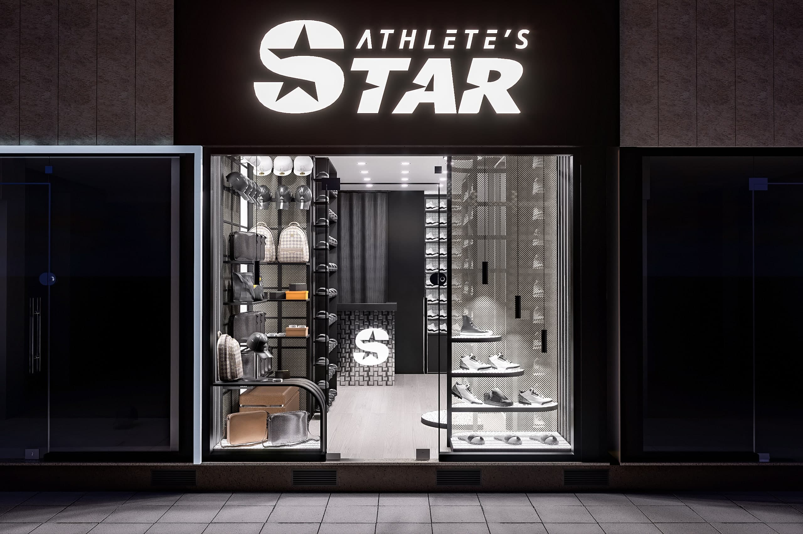 Storefront render at night, with the backlit Athlete's Star sign above tall display windows